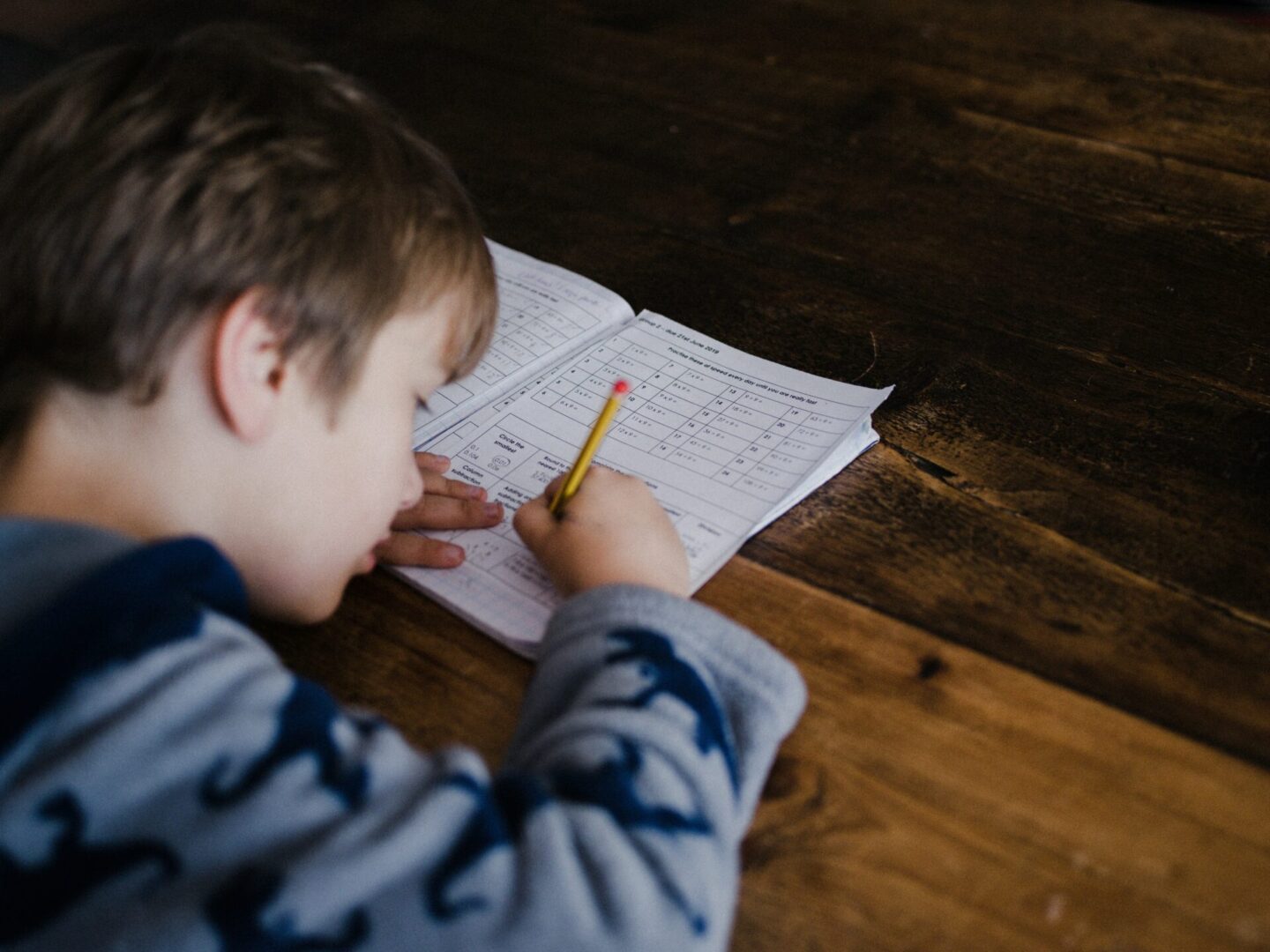A child is focused on writing in a notebook with a pencil, wearing a sweater with dark animal patterns.