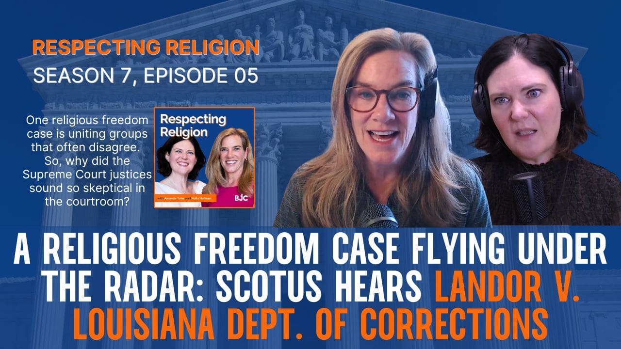 A woman wearing glasses and headphones speaks in a podcast about a religious freedom case involving SCOTUS and the Louisiana Department of Corrections.