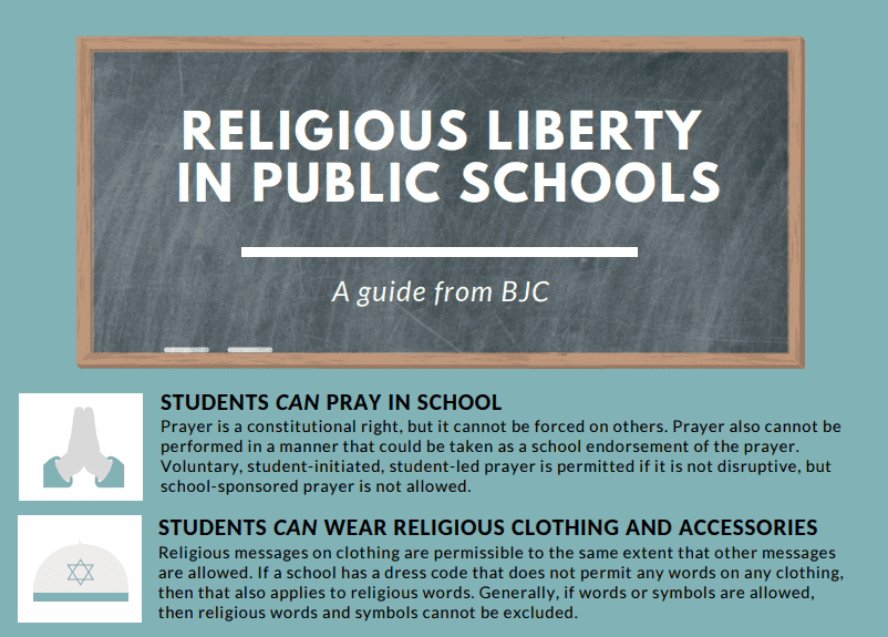 A guide titled "Religious Liberty in Public Schools" outlines student rights regarding prayer and religious clothing in schools.