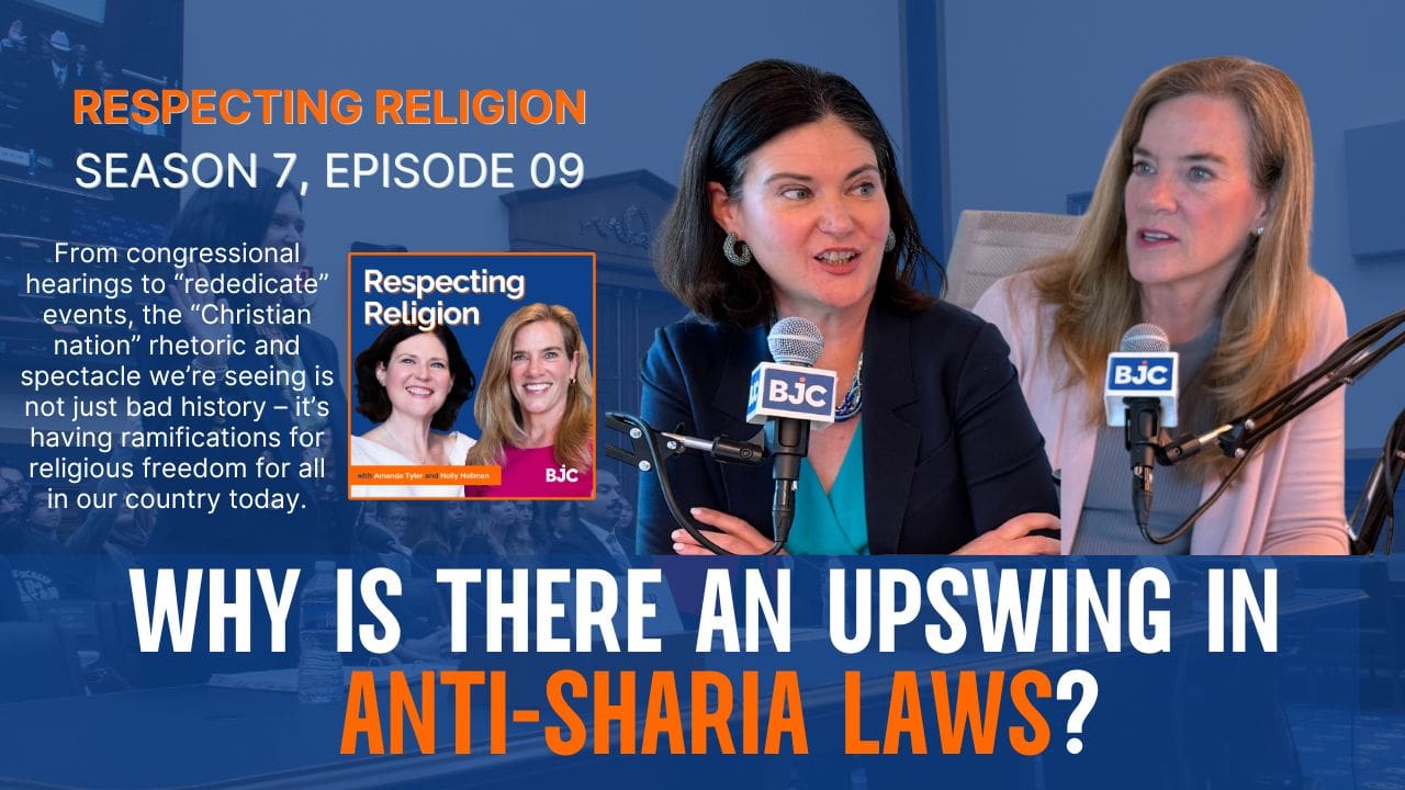 A woman is speaking into a microphone with text discussing an episode about anti-Sharia laws and respecting religion.