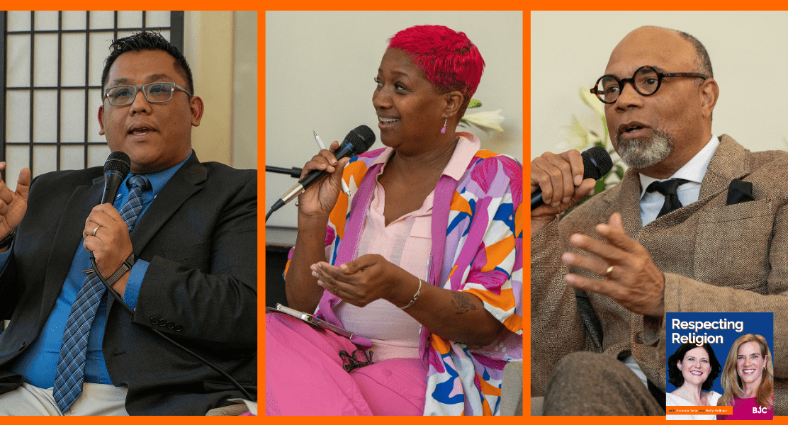 Three individuals are engaging in a discussion while holding microphones, framed by orange borders.