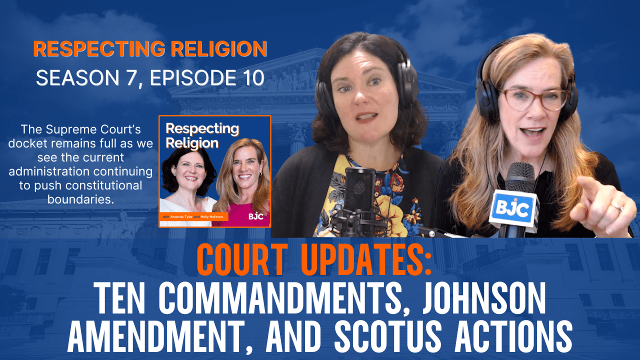 Two women with headphones are discussing court updates on a podcast titled "Respecting Religion," Episode 10.