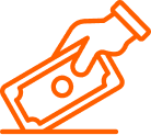 An orange outline depicts a hand holding a bill, positioned above a flat surface.