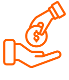 An orange outline illustration of a hand giving a coin with a dollar sign to another open hand.