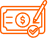 An orange line drawing depicts a dollar bill with a large check mark intersecting it.