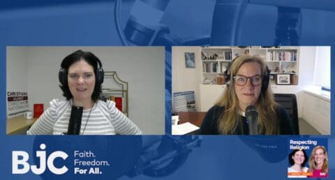 Two individuals wearing headphones are speaking on a video call, with backgrounds showing books and a framed picture.