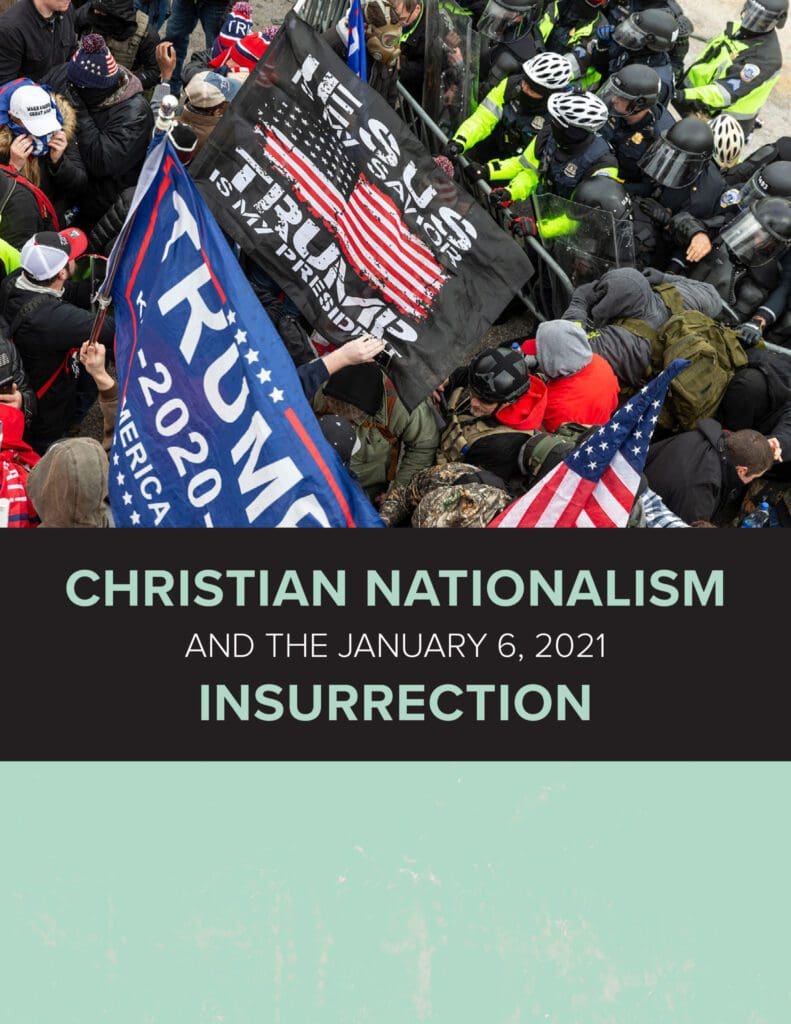 A crowd holds flags and banners, including ones with political slogans, above the text "Christian Nationalism and the January 6, 2021 Insurrection."