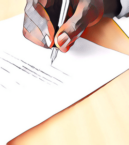 A person is writing on a piece of paper with a pen.