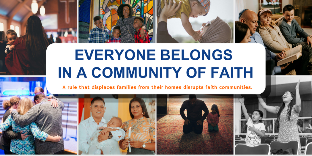 A collage highlights diverse families with the message "Everyone Belongs in a Community of Faith," focusing on the impact of displacement on families and faith communities.