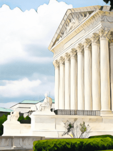 A grand building features towering columns and classical sculptures under a partly cloudy sky.