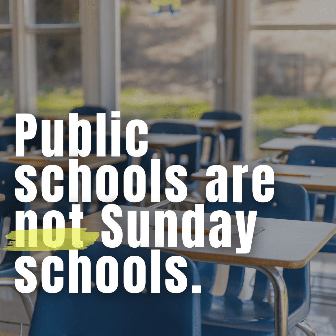 Classroom desks and chairs are in focus with the text "Public schools are not Sunday schools."