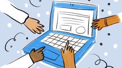 A group of diverse hands is pointing at a drawing of an open blue laptop with a document on the screen.