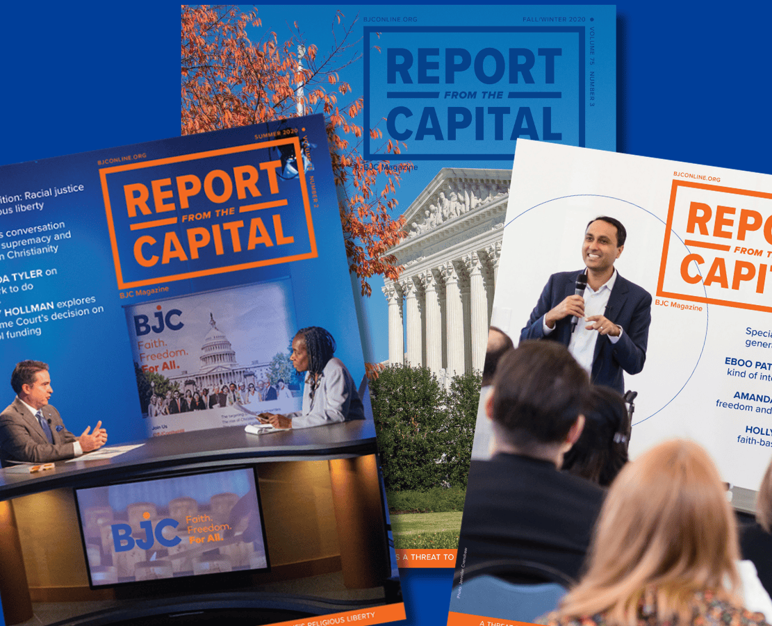 Various editions of "Report from the Capital" magazine are displayed, featuring images of people engaging in discussions and a backdrop of the U.S. Capitol and Supreme Court.