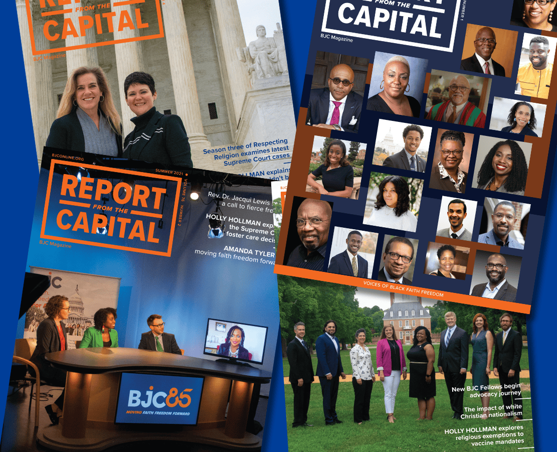 A collage features various images of people in professional settings, including a news interview, a group photo outdoors, and headshots arranged on a blue background.