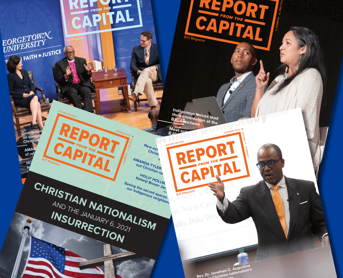 A collage of magazine covers and images features discussions on topics like Christian nationalism and insurrection, with individuals engaged in conversations and presentations.