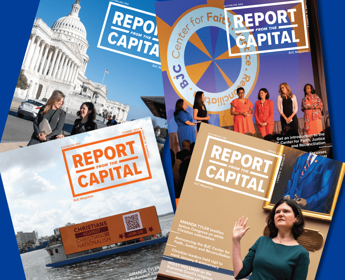 A collage of "Report Capital" magazine covers showcases various scenes including a government building and events with people presenting and speaking.