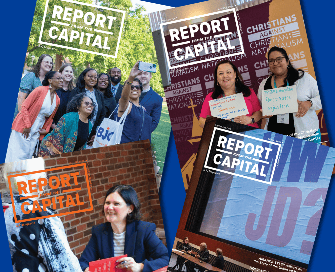 A collage of "Report Capital" images featuring individuals holding signs and engaging in discussions.