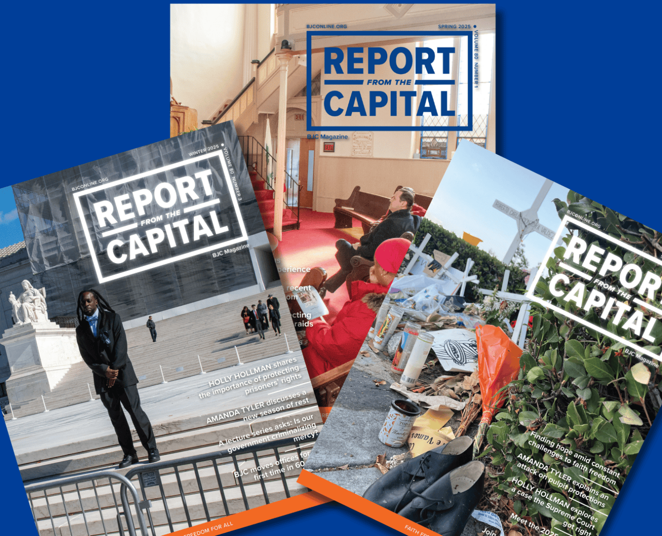 Three magazines titled "Report from the Capital" are arranged against a blue background, showcasing different cover images of urban scenes.