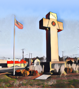 Illustration of a giant cross next to an American flag on a pole