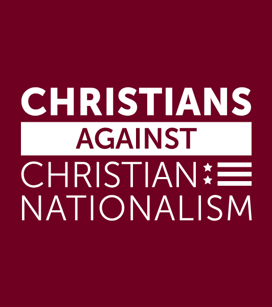 Christians Against Christian Nationalism logo with white letters against a dark red background