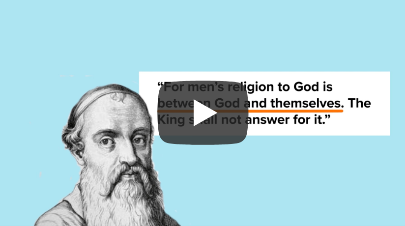 Thumbnail for Baptist Freedom Fighters video showing an old engraving of a bearded man with a quote next to him on a light blue background