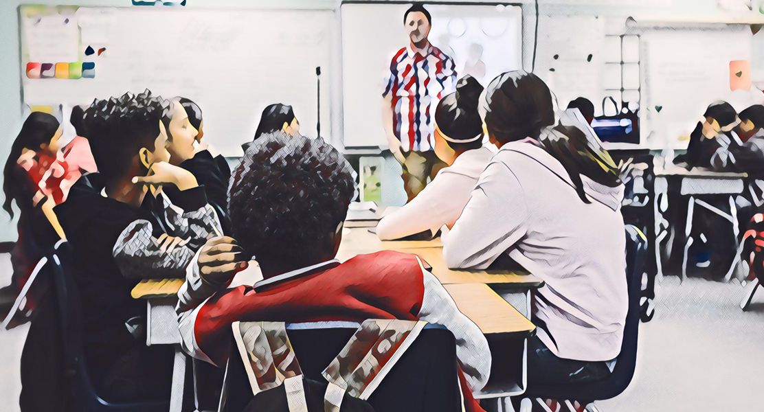photo illustration of a teacher in a classroom