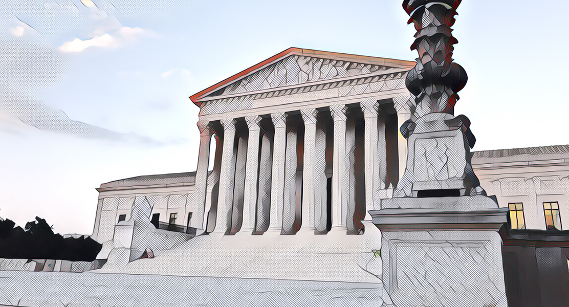 two people walking down the white marble steps of the Supreme Court building